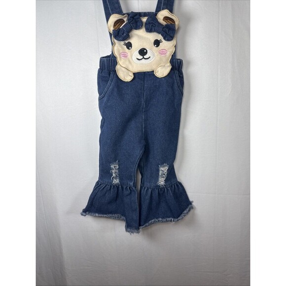 Unbranded Overalls Bear Design Distressed Flare Leg Size 9-12 M Preowned - Picture 3 of 11